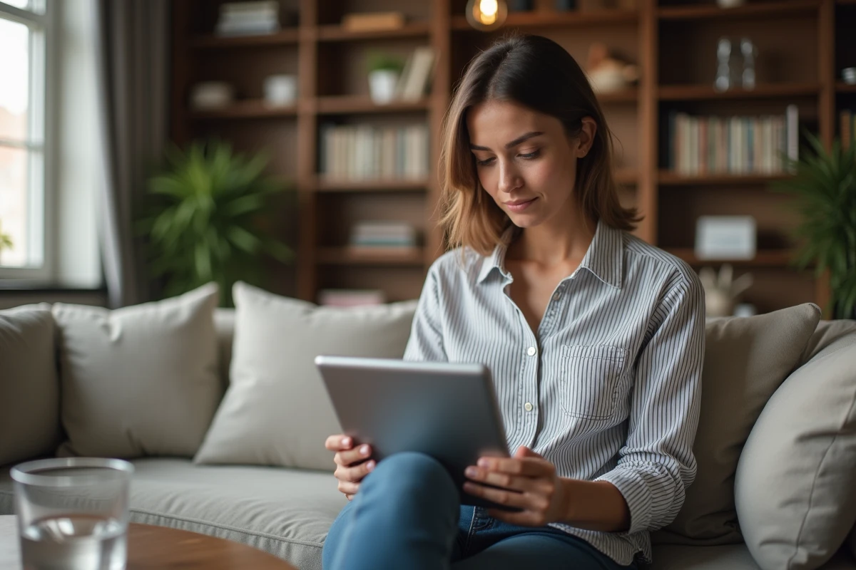 Jeune femme recherchant les horaires du service client Free sur une tablette dans son salon
