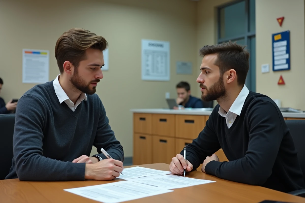 Jeune homme discutant avec un agent immobilier dans un bureau social
