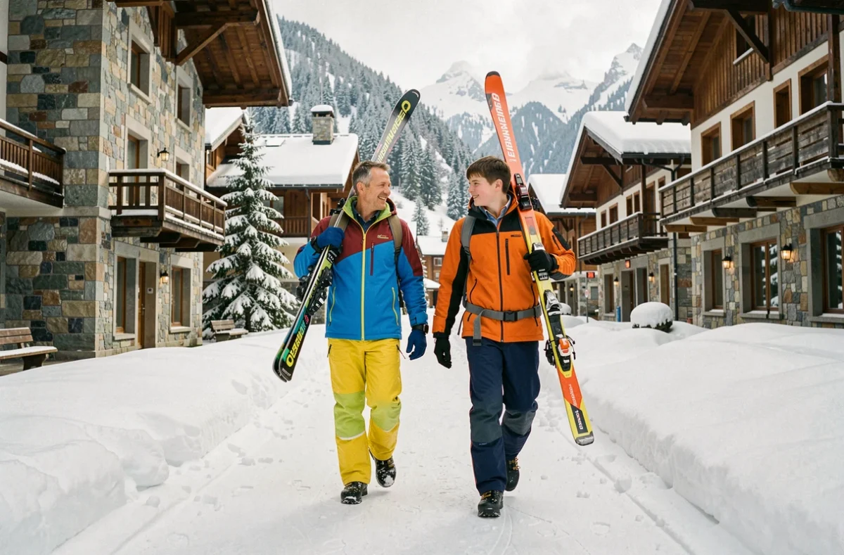 Père et fils transportant des skis de location dans le village des Deux Alpes
