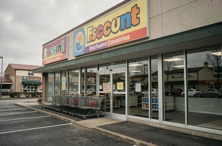 Devanture d'un magasin discount en zone commerciale avec panneau de fermeture définitive affiché sur la porte d'entrée