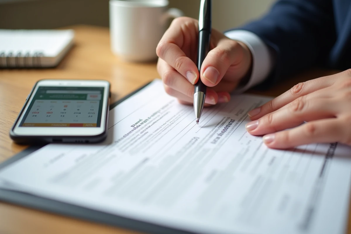 Mains remplissant un formulaire de déclaration de sinistre avec un calendrier de délais de paiement visible
