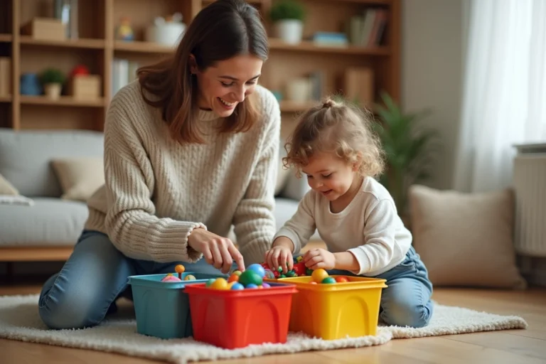 Maman et sa fille organisent des jouets dans le salon
