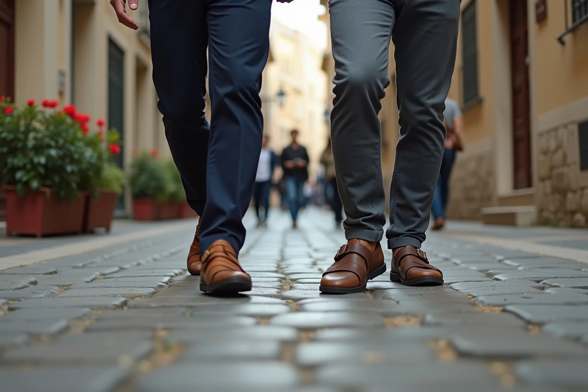 Homme et companion marchant sur des pavés en vieille ville européenne portant respectivement des sandales Birkenstock et Scholl dans un cadre urbain authentique