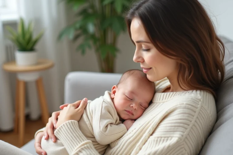 Jeune mère tenant tendrement son nouveau-né emmailloté dans un salon scandinave épuré, conseils bien-être bébé au quotidien