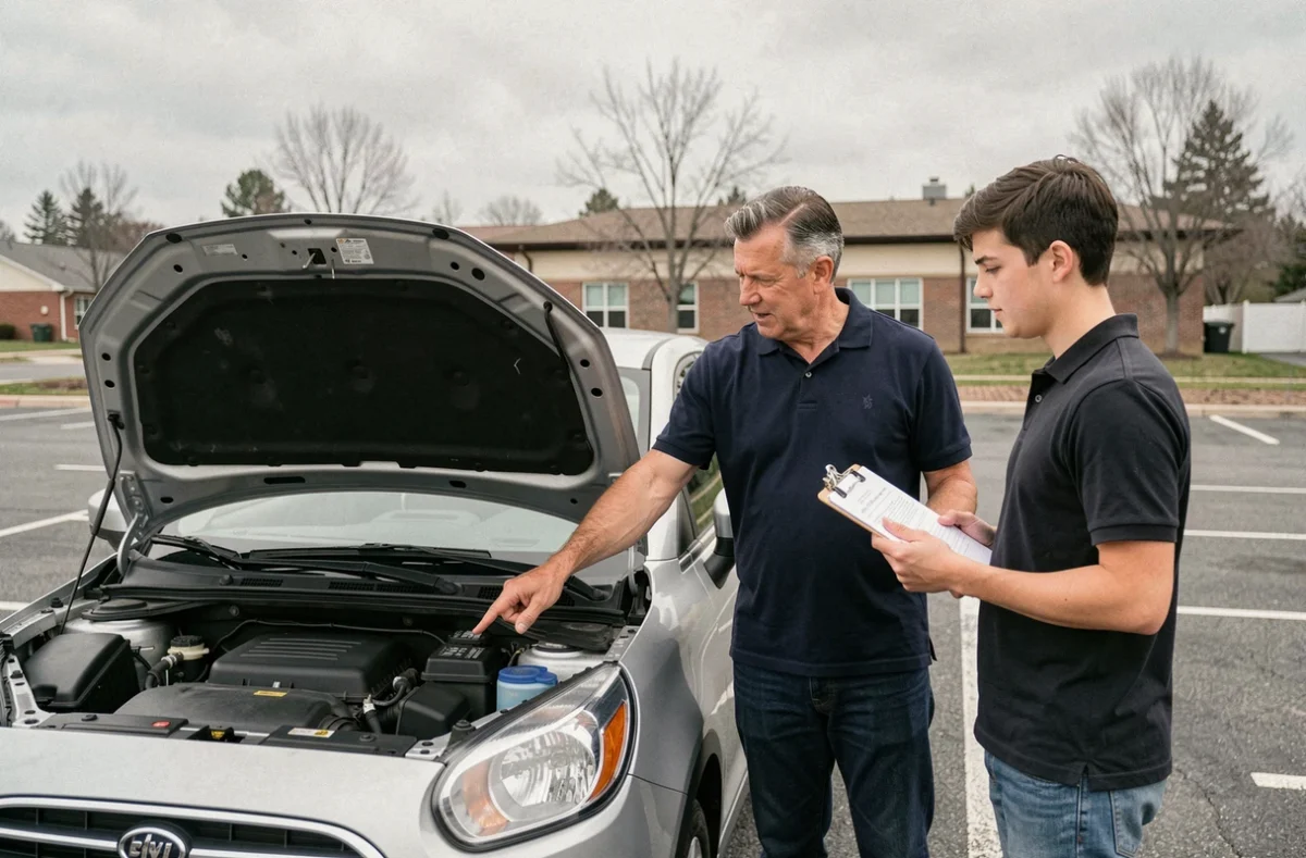 Moniteur d'auto-école expliquant les vérifications techniques du permis de conduire 2026 à un élève dans un parking