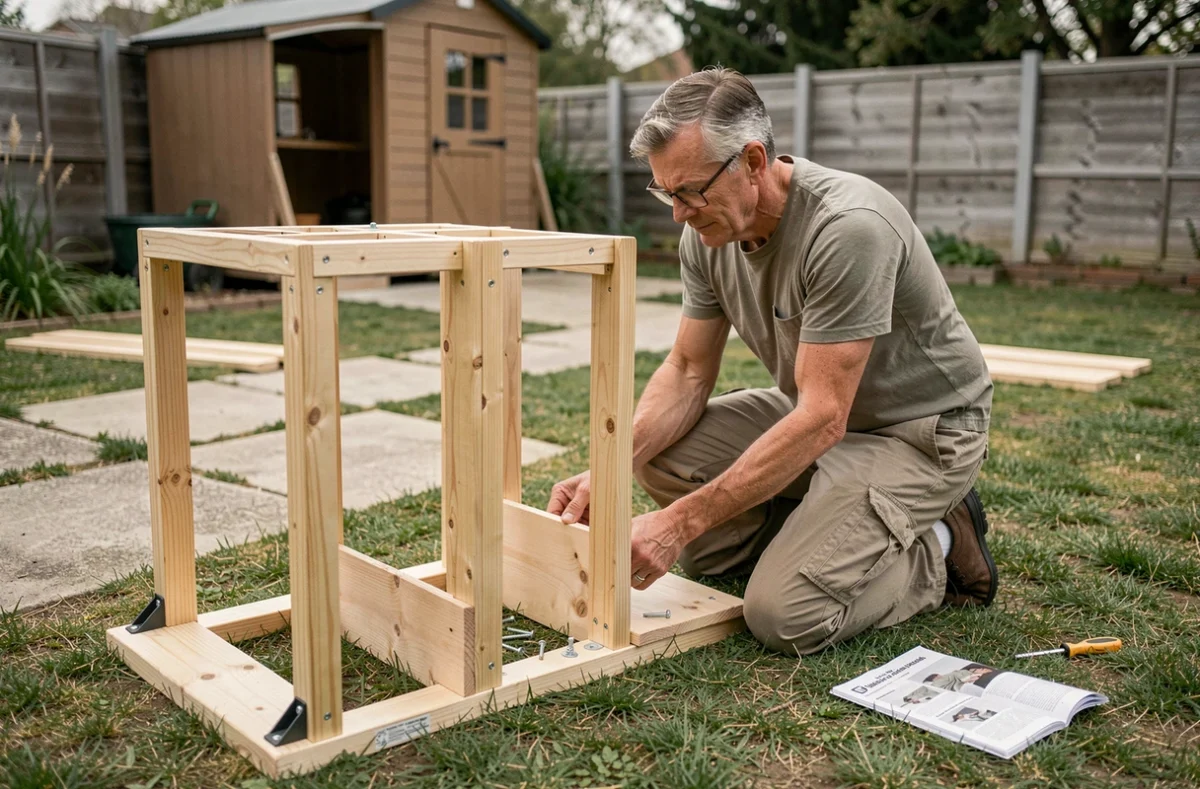 Parent assemblant une cabane de jardin en kit pour enfant dans un jardin résidentiel avec instructions de montage