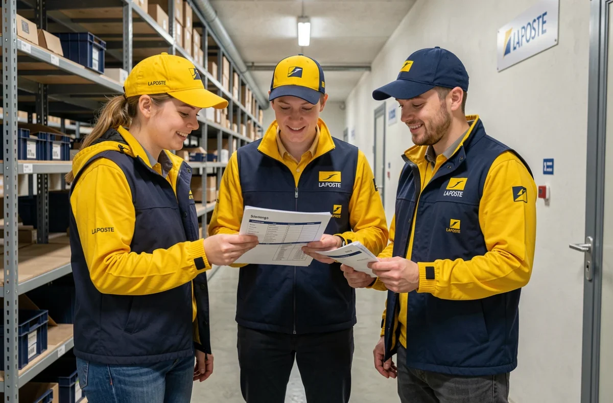 Groupe de nouveaux agents La Poste en tenue officielle consultant un guide de commande vestimentaire ensemble