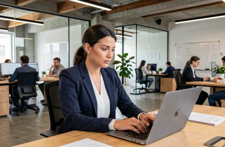 Femme professionnelle consultant des offres d'emploi sur un ordinateur portable dans un bureau moderne en 2024