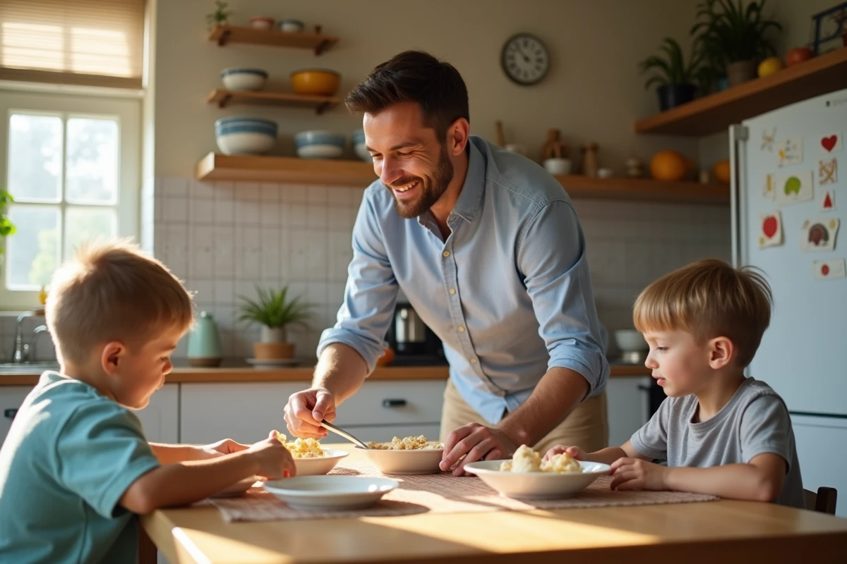 Papa aide ses enfants à préparer le petit déjeuner en cuisine