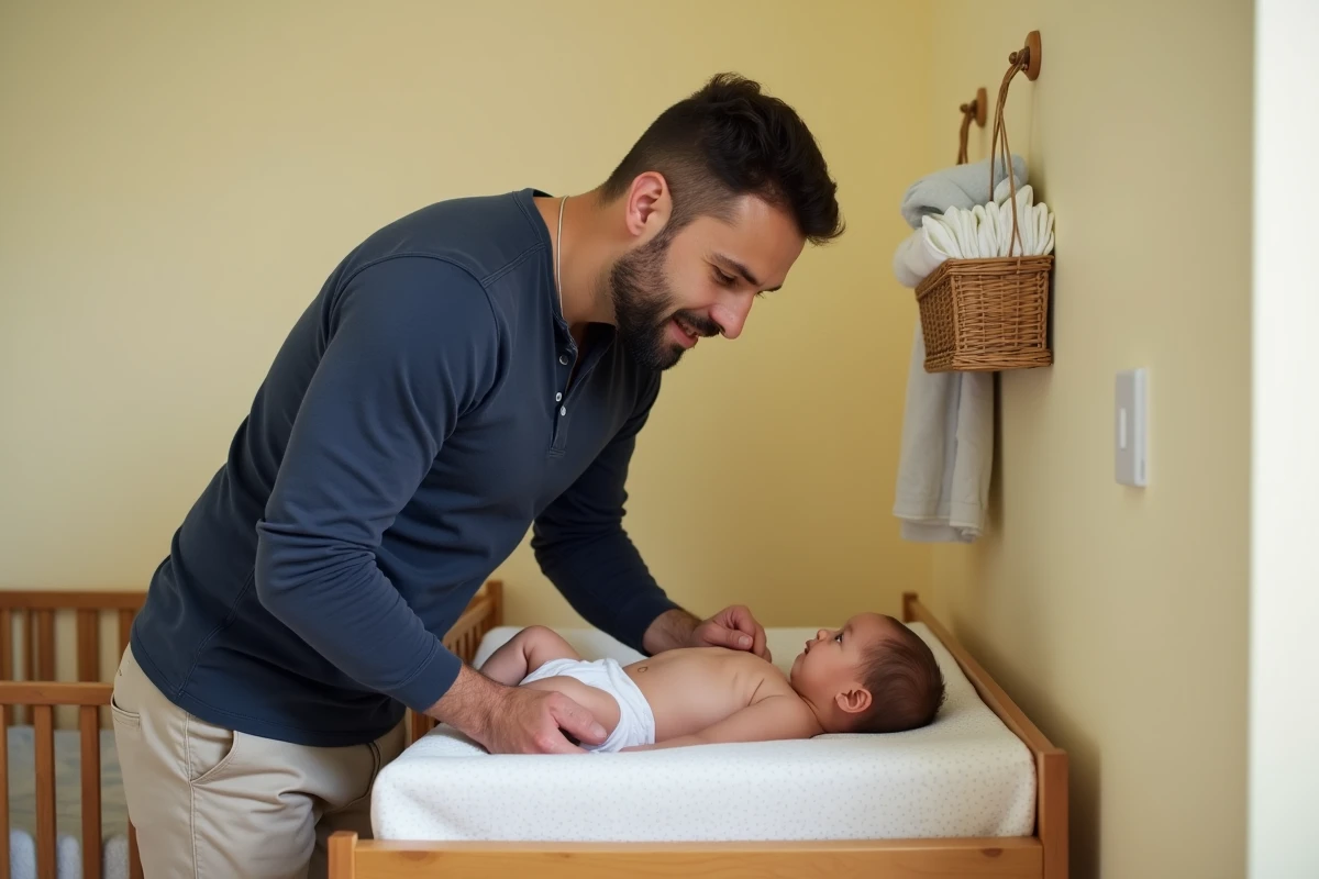 Père changeant la couche de son bébé dans une chambre d'enfant en bois aux tons pastel, conseils pratiques soin bébé