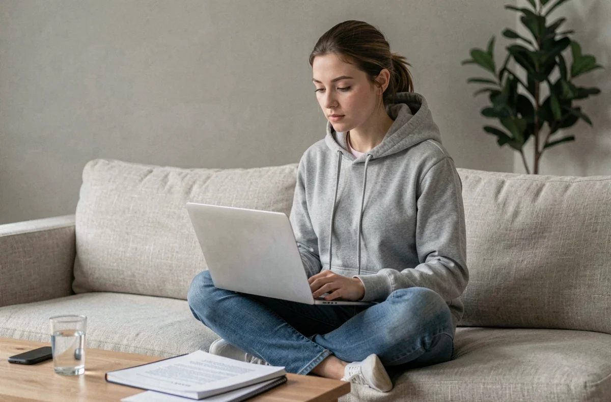Jeune femme préparant l'examen du permis de conduire sur un PDF de questions de vérification 2026 depuis son canapé