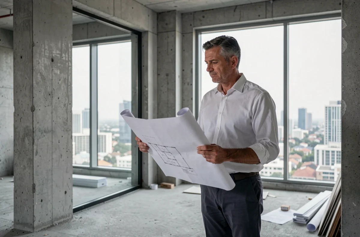 Promoteur immobilier examinant des plans architecturaux dans un appartement de luxe en construction
