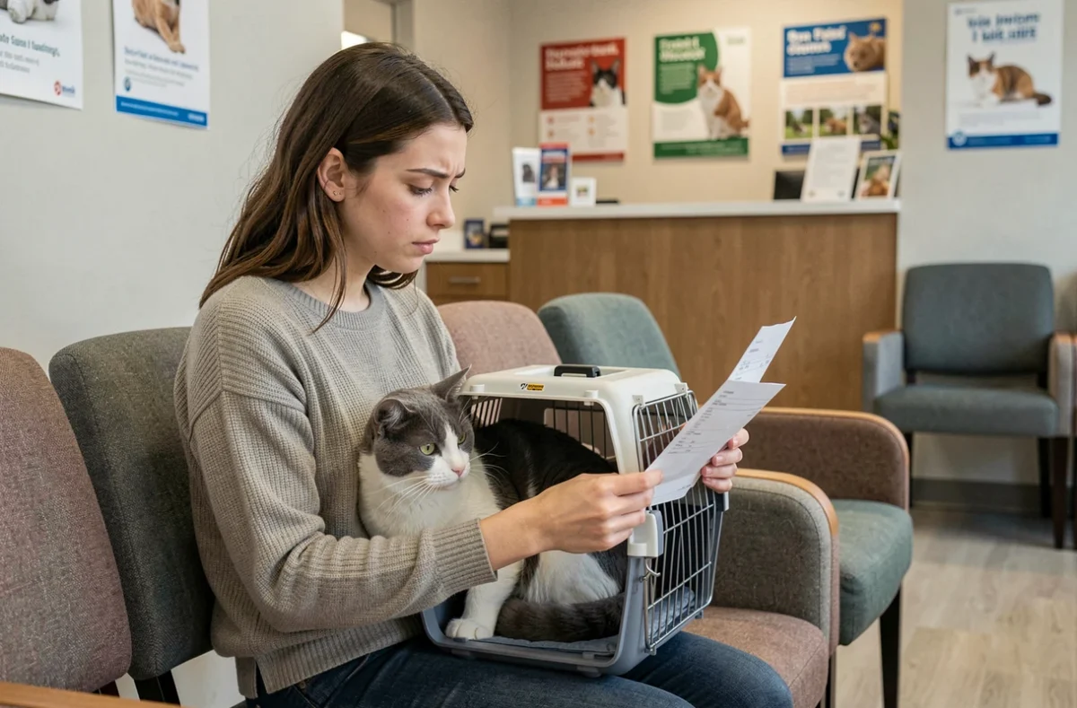 Propriétaire de chat dans une salle d'attente vétérinaire tenant une facture et un transporteur avec son chat gris et blanc