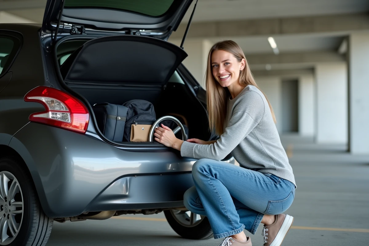 Femme rangeant des bagages dans le coffre d'une Peugeot 208 grise dans un parking souterrain