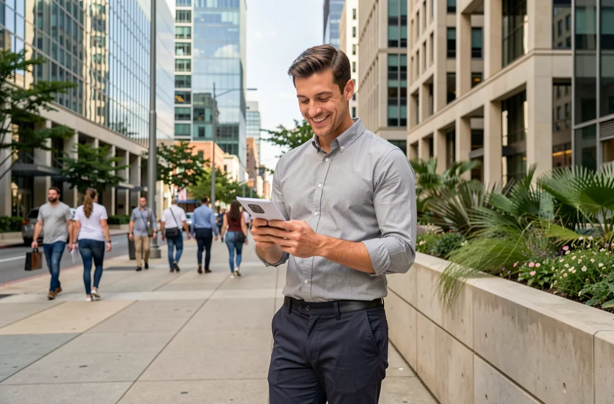 Jeune professionnel consultant des opportunités d'emploi sur smartphone dans un quartier d'affaires urbain