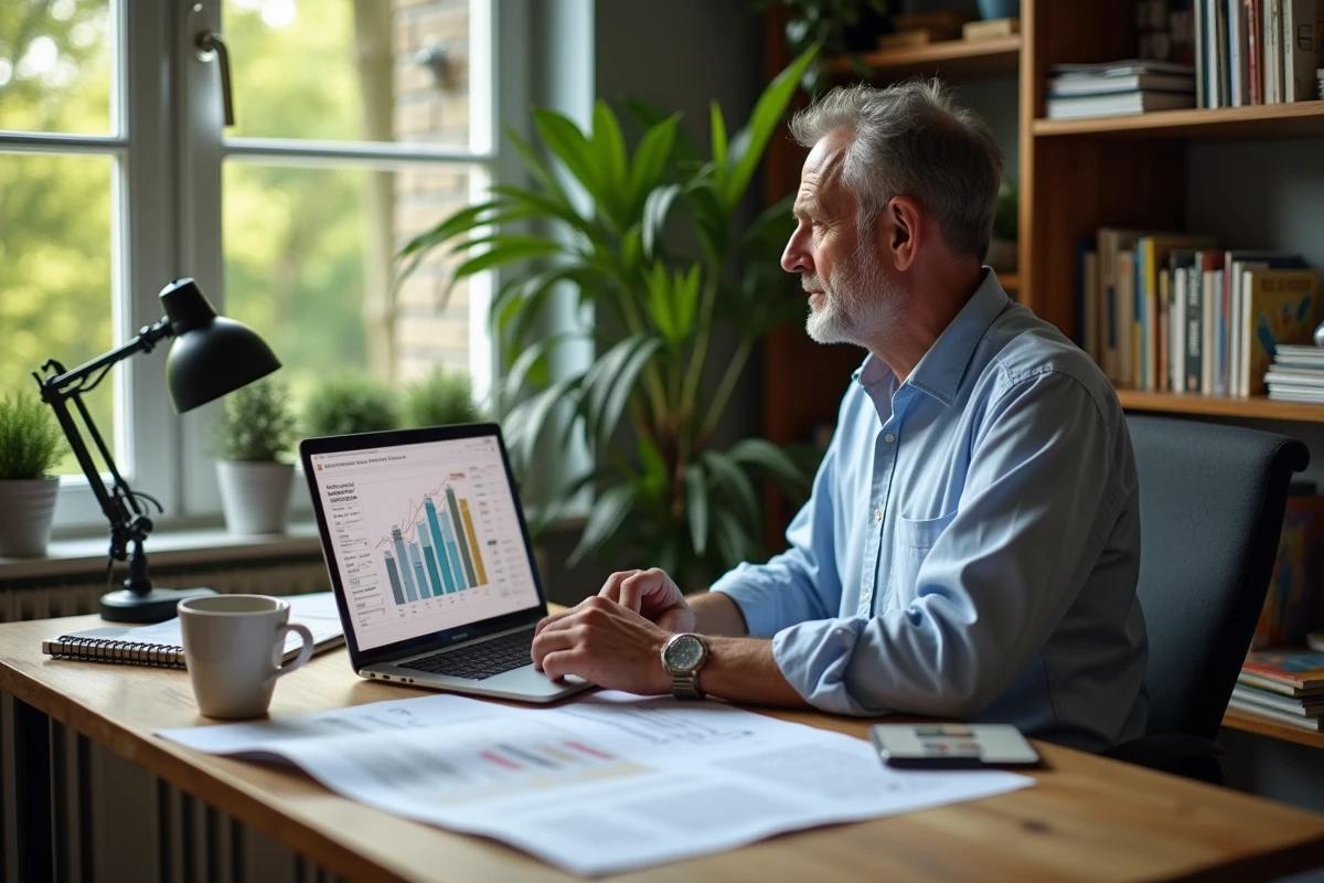 Homme analysant des données immobilières et des annonces de biens sur un ordinateur portable dans un bureau à domicile