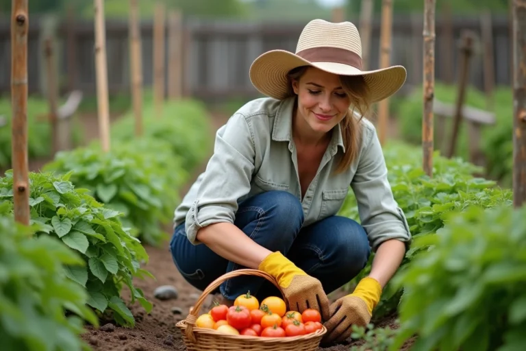 Femme qui récolte des tomates dans un potager à la ferme lors d'une activité agricole en plein air