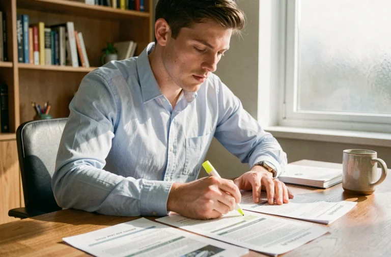 Jeune homme révisant ses questions de vérification du permis de conduire 2026 sur des fiches imprimées à son bureau