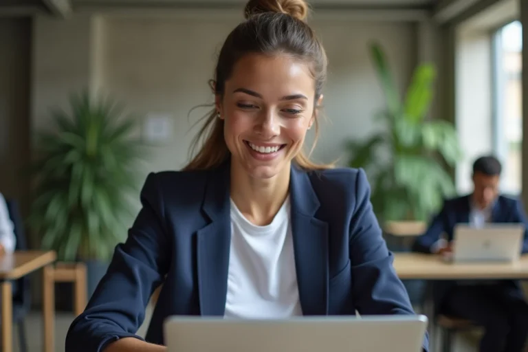 Jeune femme entrepreneur travaillant sur son ordinateur portable dans un espace de coworking parisien moderne