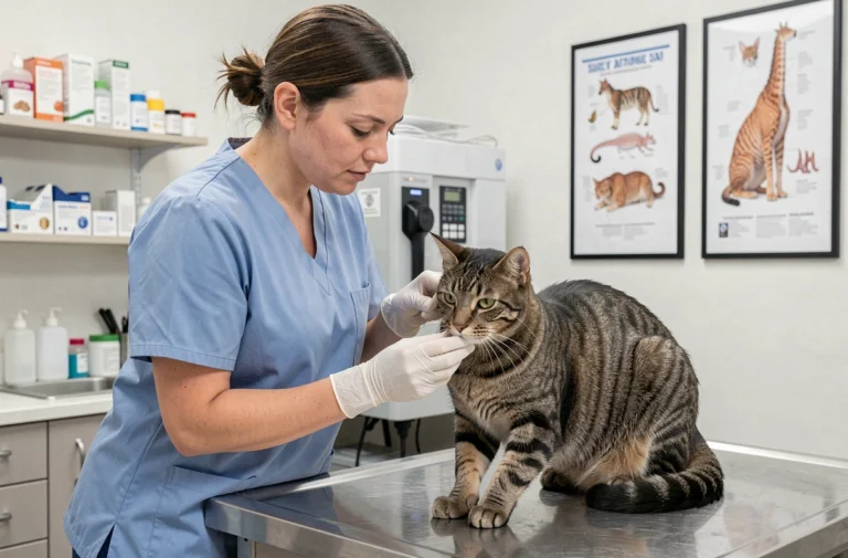 Vétérinaire examinant un chat tigré sur une table d'examen en acier inoxydable dans une clinique vétérinaire moderne