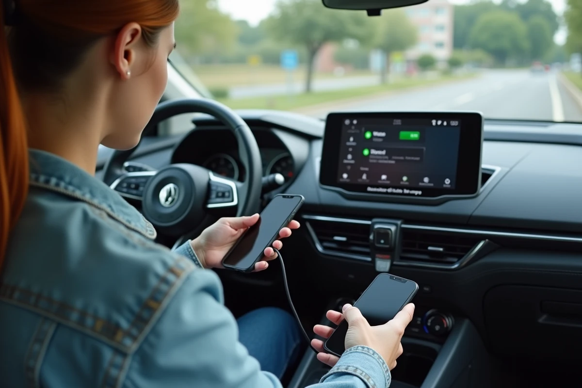Femme connectant son téléphone en USB pour afficher Waze via CarPlay sur l'écran du véhicule