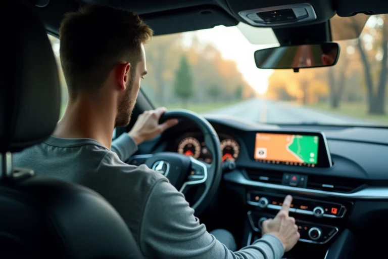 Homme regardant l'application Waze sur l'écran tactile de sa voiture connectée