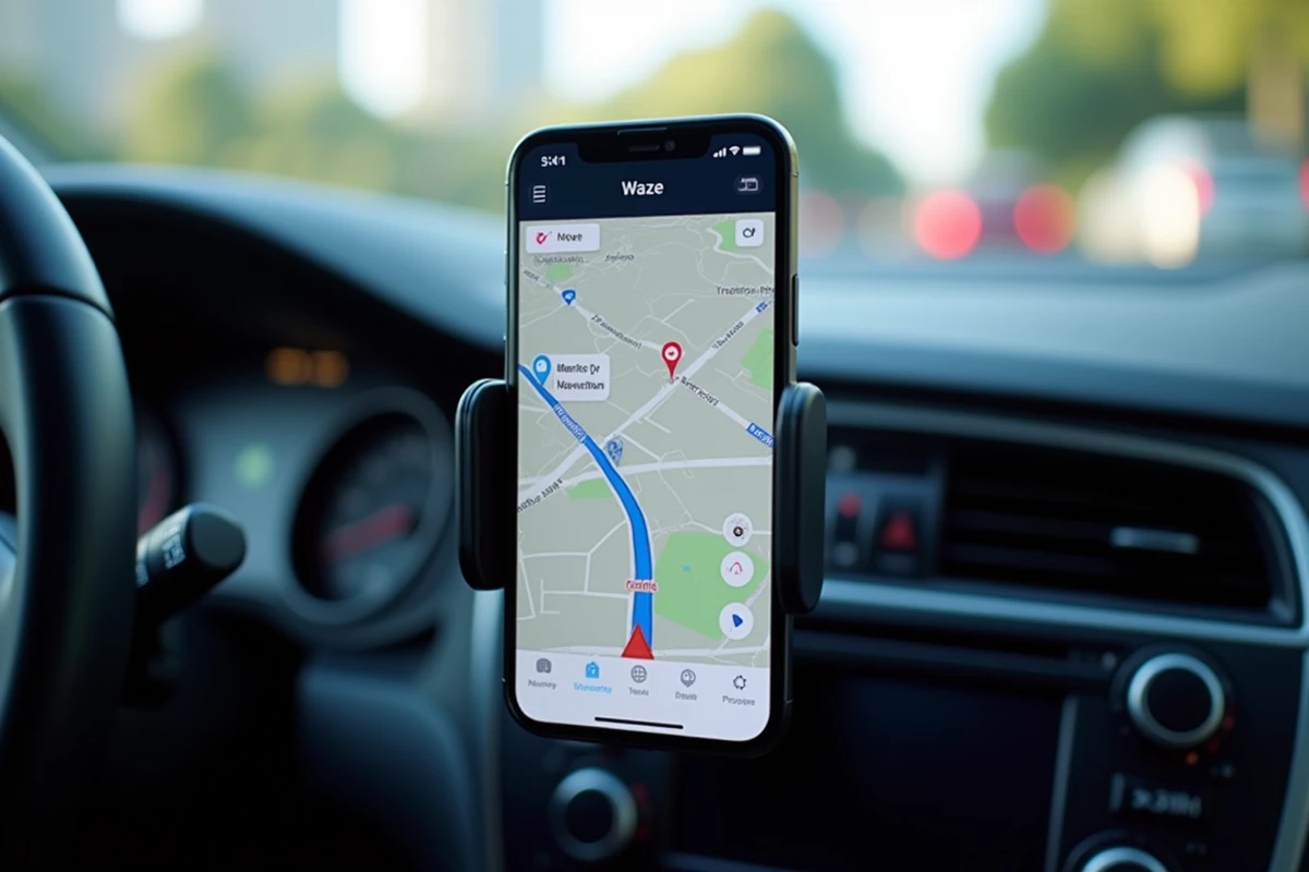 Smartphone avec Waze monté sur support tableau de bord affichant un itinéraire en temps réel
